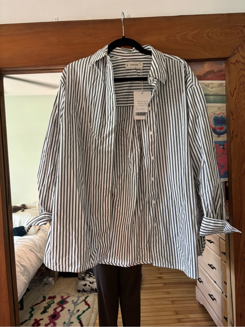 Everlane Women’s White and green Vertical Stripe Button-Down Shirt